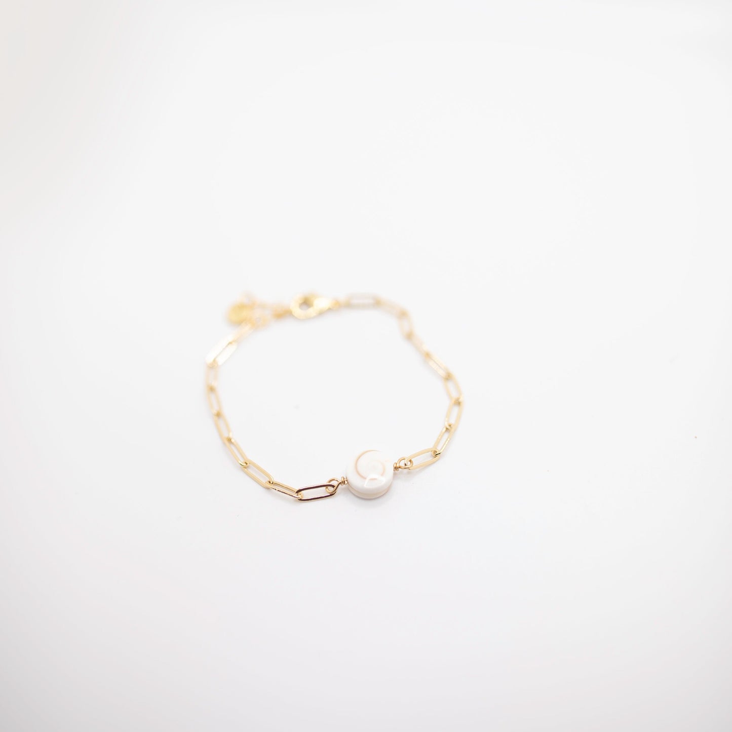 Seashell and gold paperclip chain bracelet with extender good for stacking