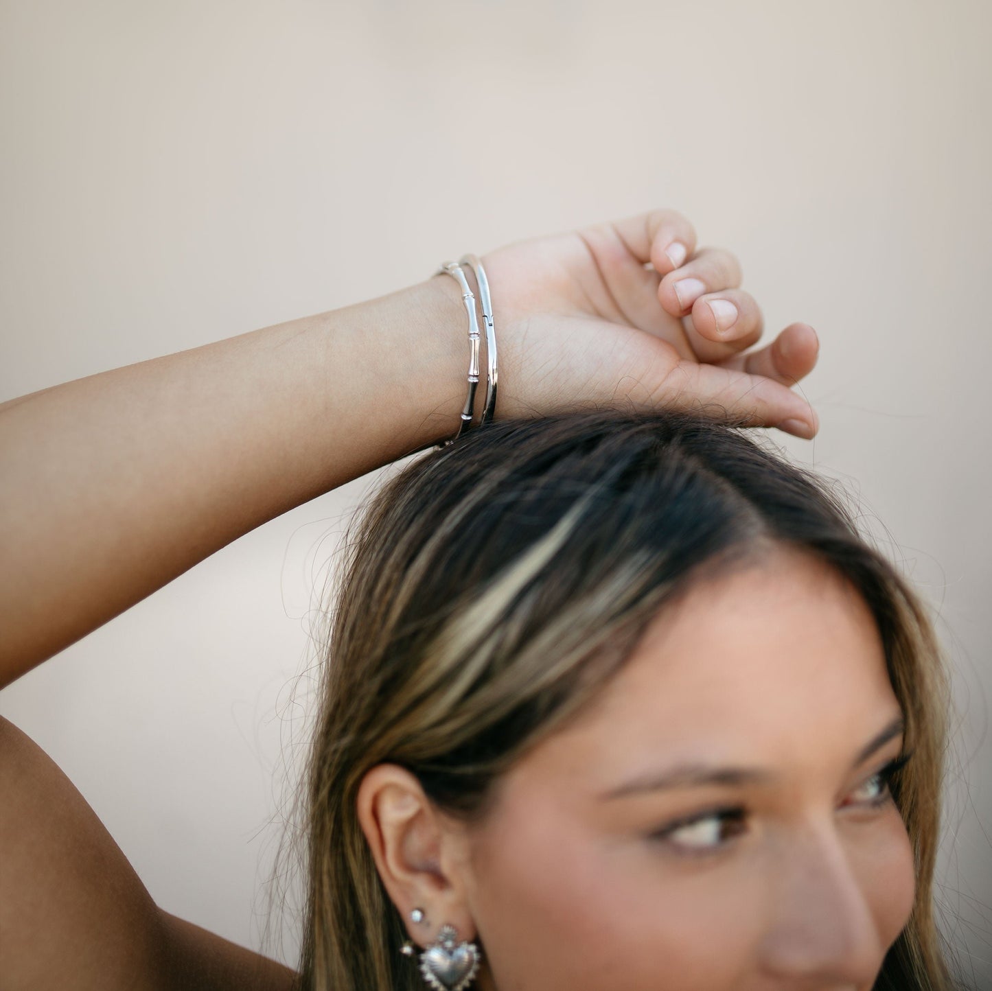 Silver Bamboo bangle with silver smooth bracelet