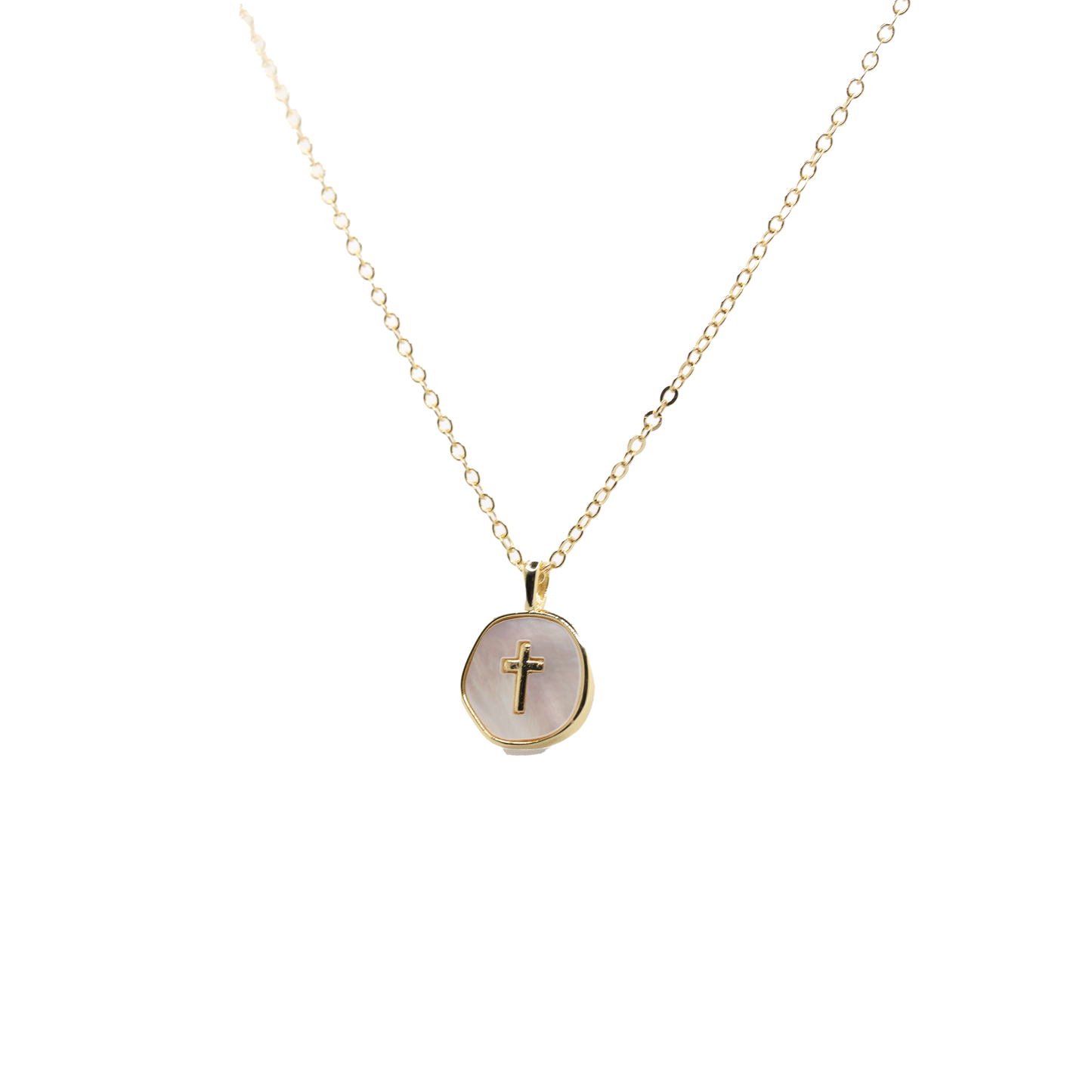 Mother of Pearl Cross on gold chain necklace