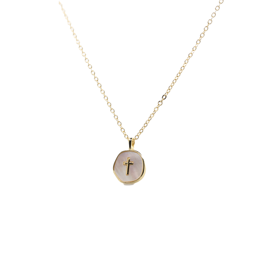 Mother of Pearl Cross on gold chain necklace