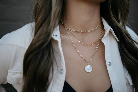 Gold paperclip chain necklace stack