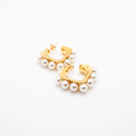 Gold and pearl square hoop earrings 